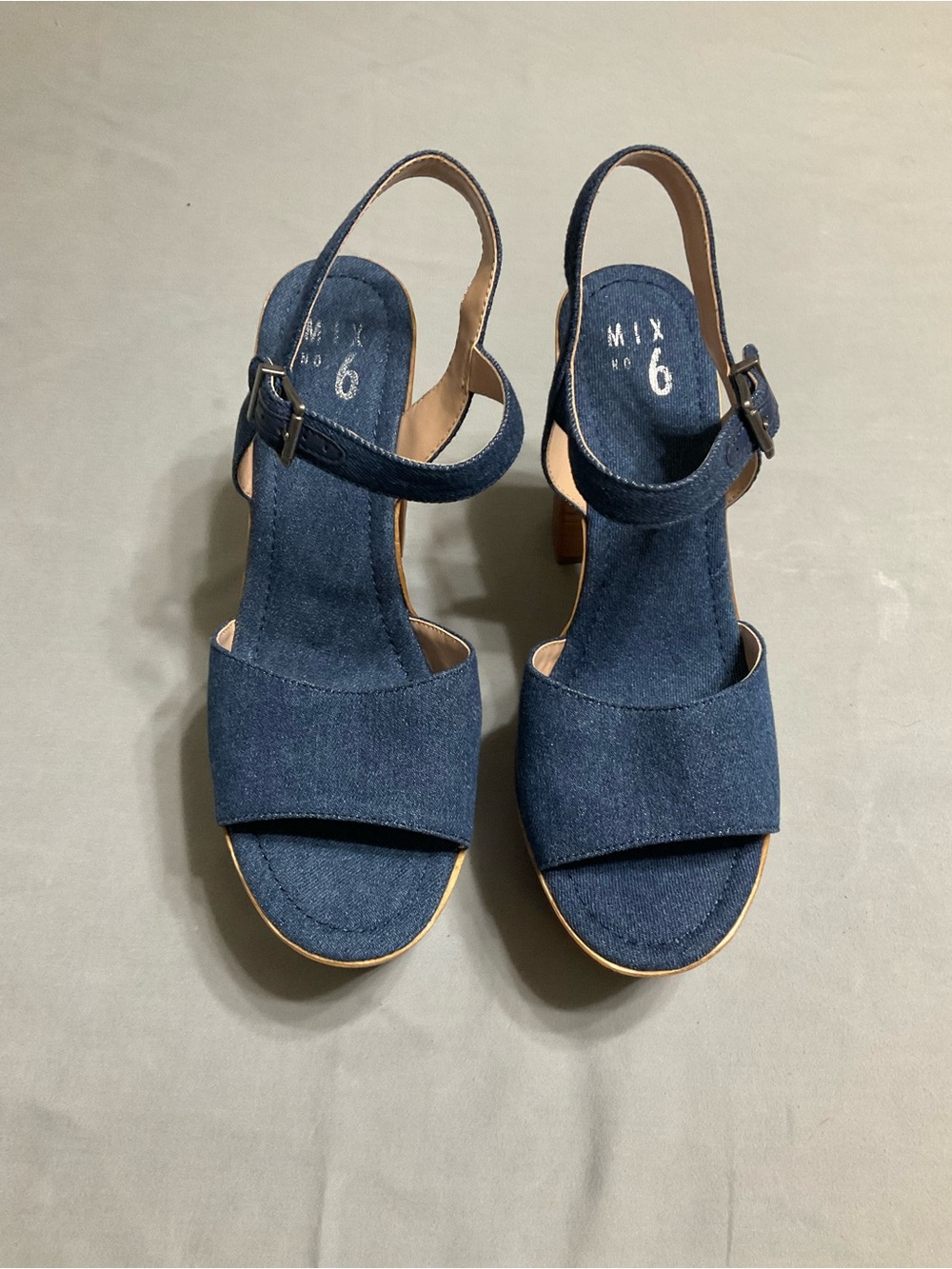 Mix No. 6 Navy Denim Open-Toe Slingback Block Heels Size 9